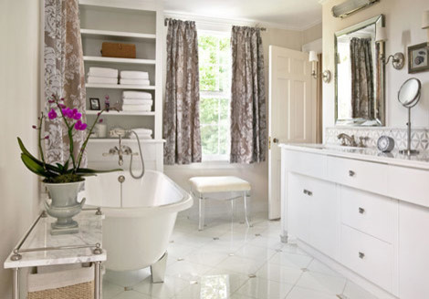 Inspiration for a mid-sized transitional master white tile and glass tile bathroom remodel in Boston with an undermount sink, white cabinets and glass countertops