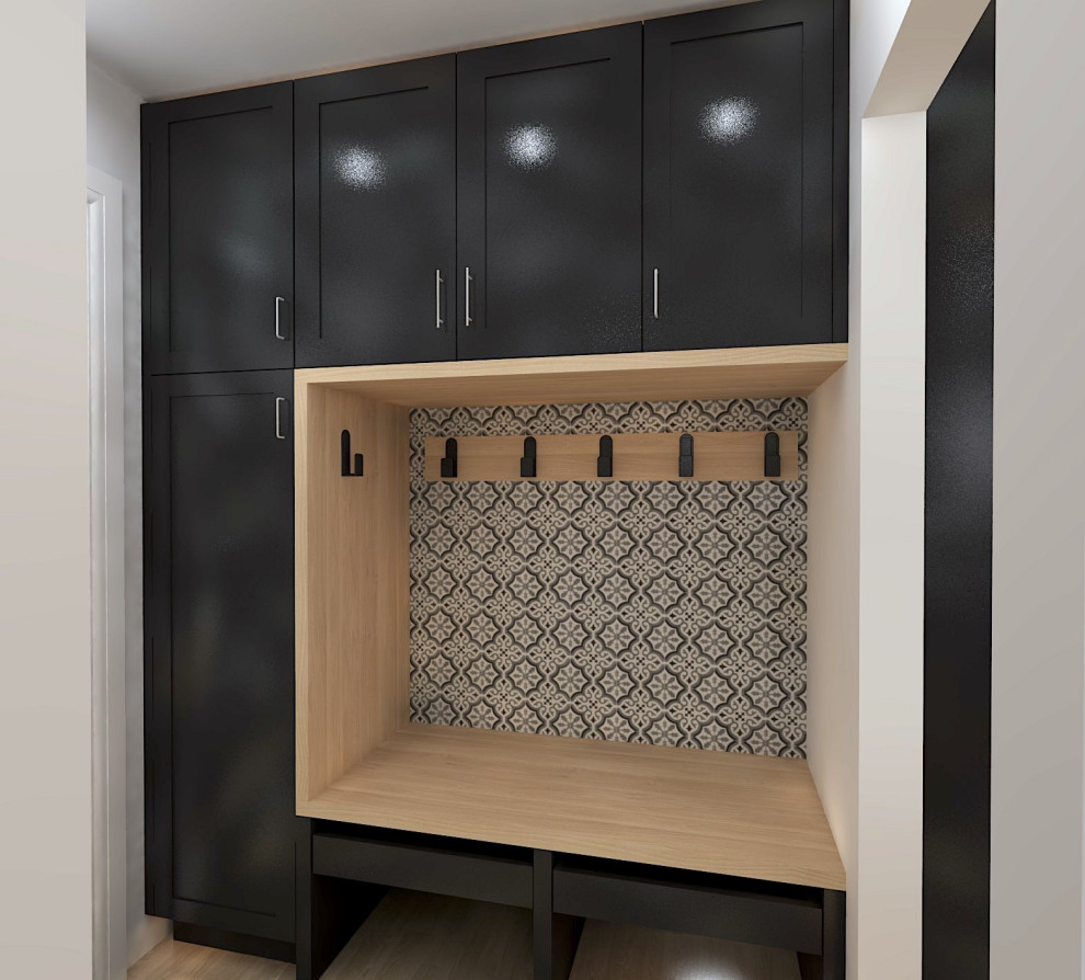 Design ideas for a small modern mudroom in Detroit with porcelain floors.