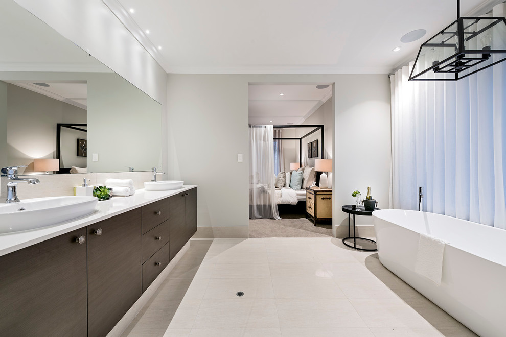 This is an example of a bathroom in Perth with beige tile, porcelain tile and porcelain floors.