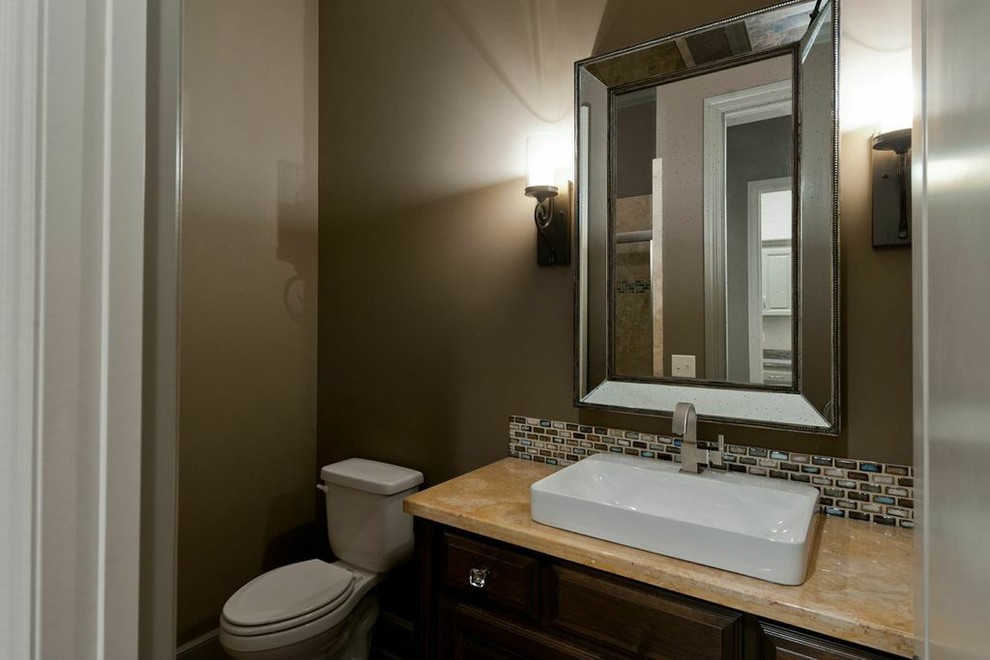 Photo of a large transitional 3/4 bathroom in Kansas City with shaker cabinets.