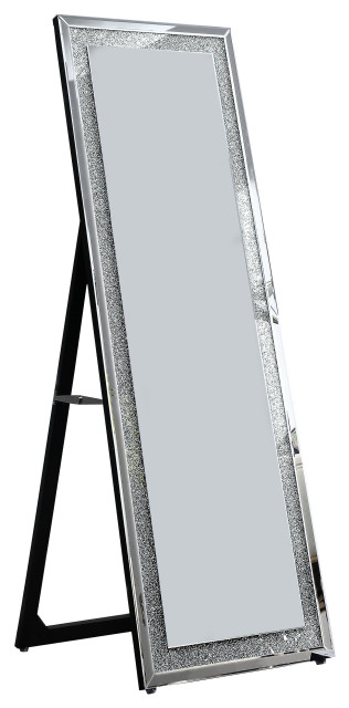 Faux Crystal Accented Wooden Framed, Contemporary Floor Mirror With Mirrored Frame