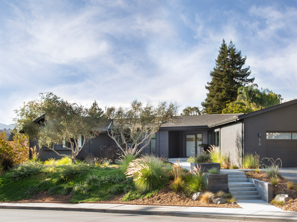 Mittelgroßes, Einstöckiges Nordisches Einfamilienhaus mit Putzfassade, schwarzer Fassadenfarbe, Satteldach, Schindeldach, schwarzem Dach und Verschalung in San Francisco