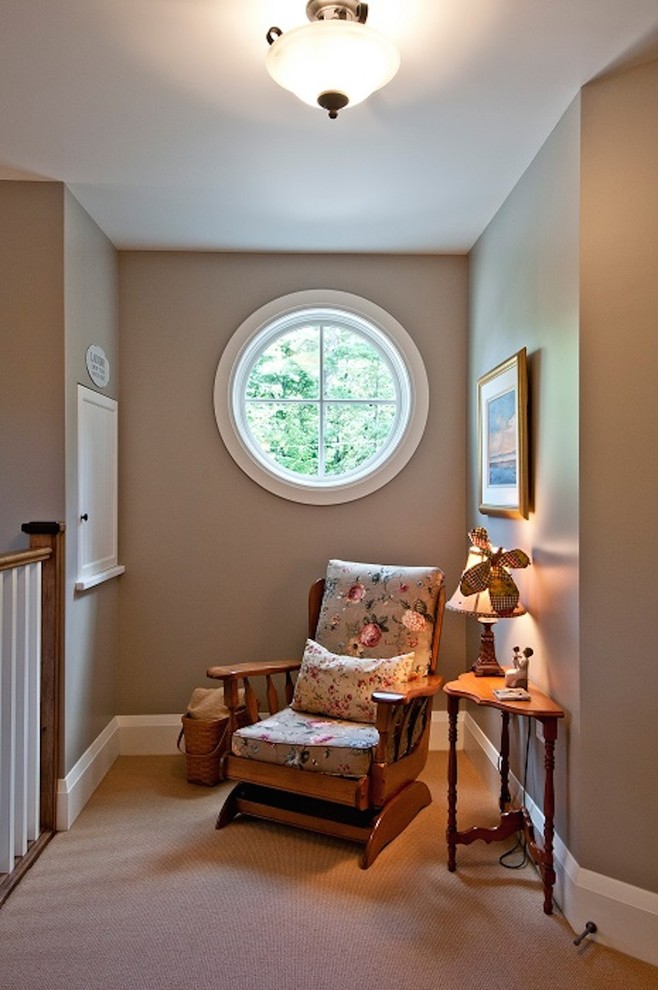 Example of a small mountain style carpeted and beige floor hallway design in Orange County with beige walls