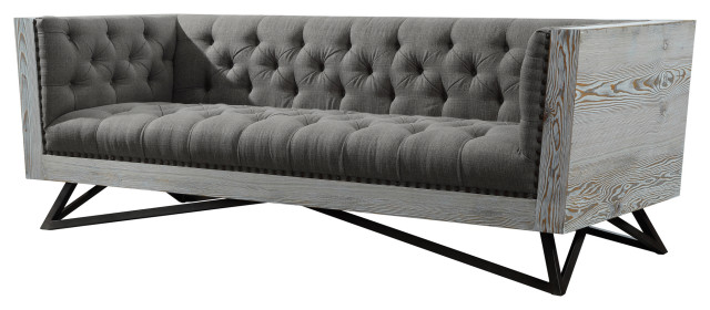 Regis Sofa, Gray Fabric With Black Metal Finish Legs and Antique Accents