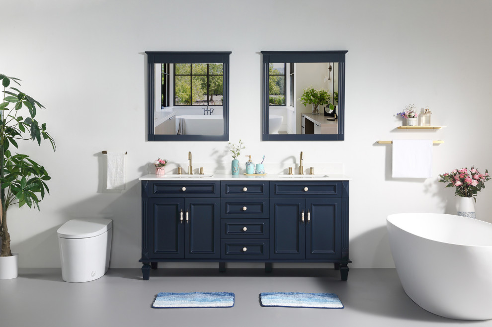 Foto di una stanza da bagno moderna di medie dimensioni con ante con riquadro incassato, ante blu, top in marmo, top bianco, un lavabo e mobile bagno freestanding