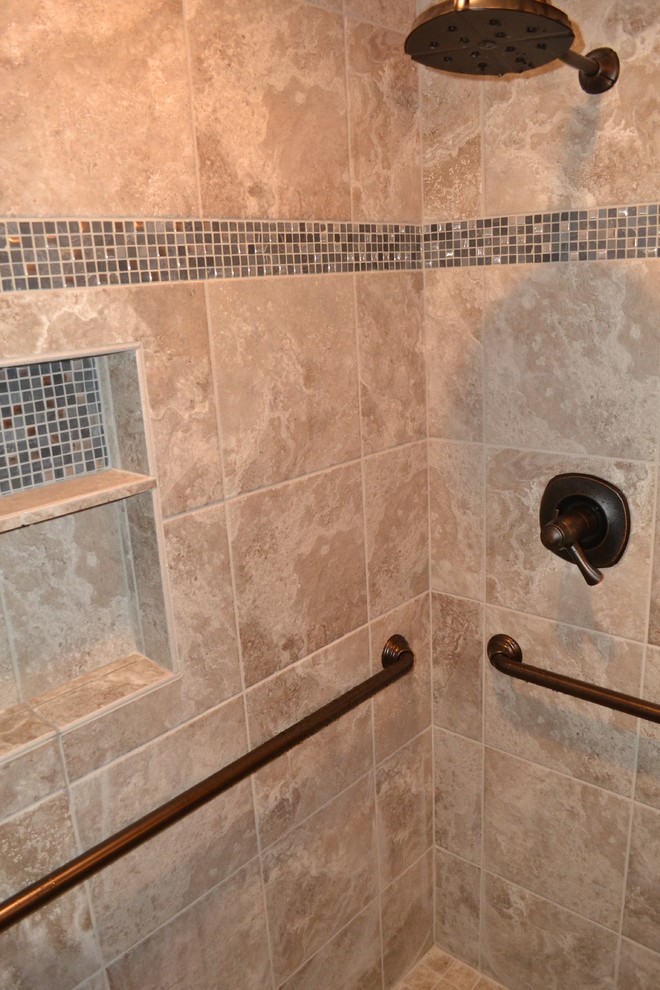 Small transitional 3/4 gray tile and porcelain tile porcelain tile alcove shower photo with a pedestal sink, recessed-panel cabinets, white cabinets, a two-piece toilet and gray walls