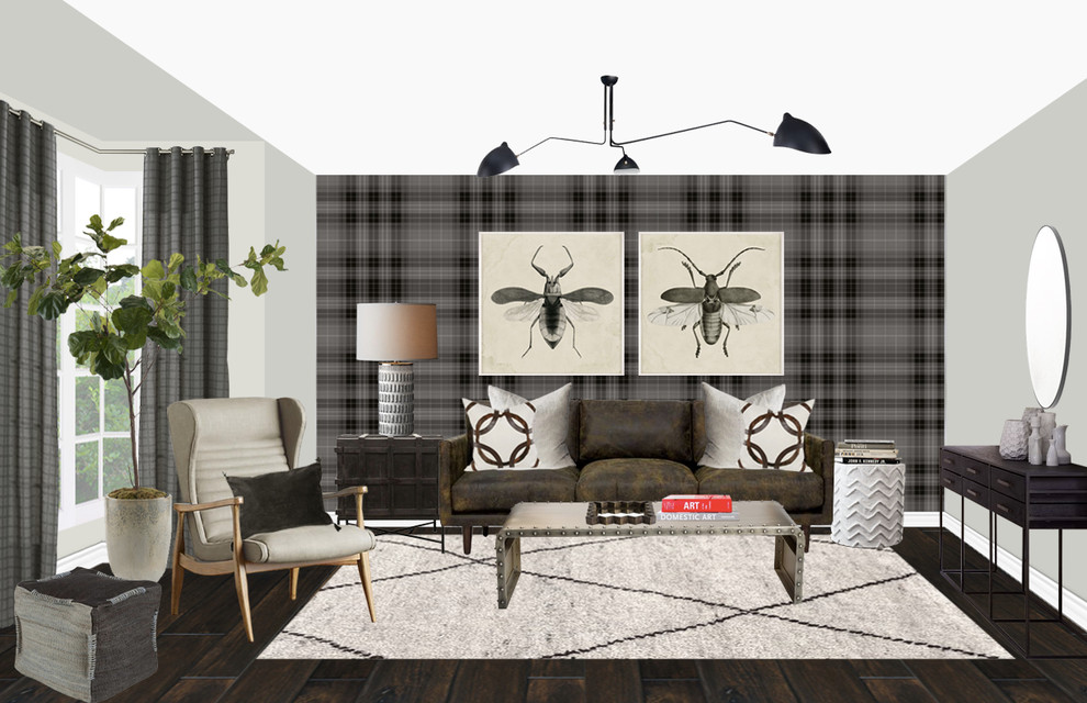 Inspiration for an eclectic open concept living room in DC Metro with black walls and dark hardwood floors.