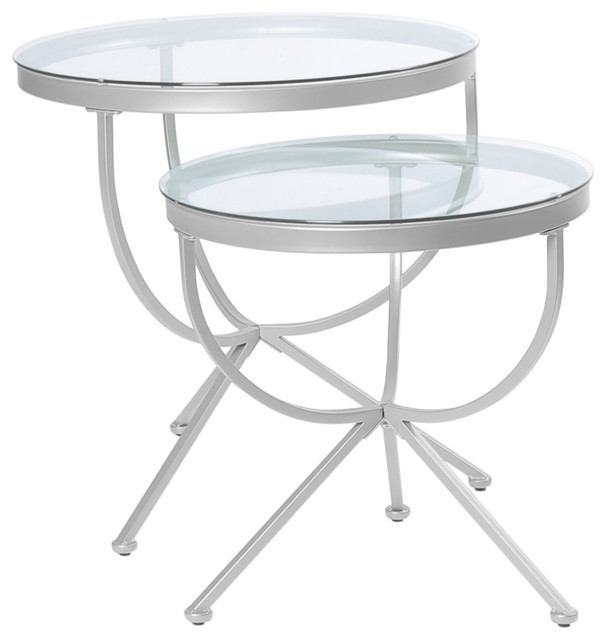 Tempered Glass 2 Piece Nesting Table Set Silver Midcentury Side Tempered Glass 2 Piece Nesting Table Set Silver
