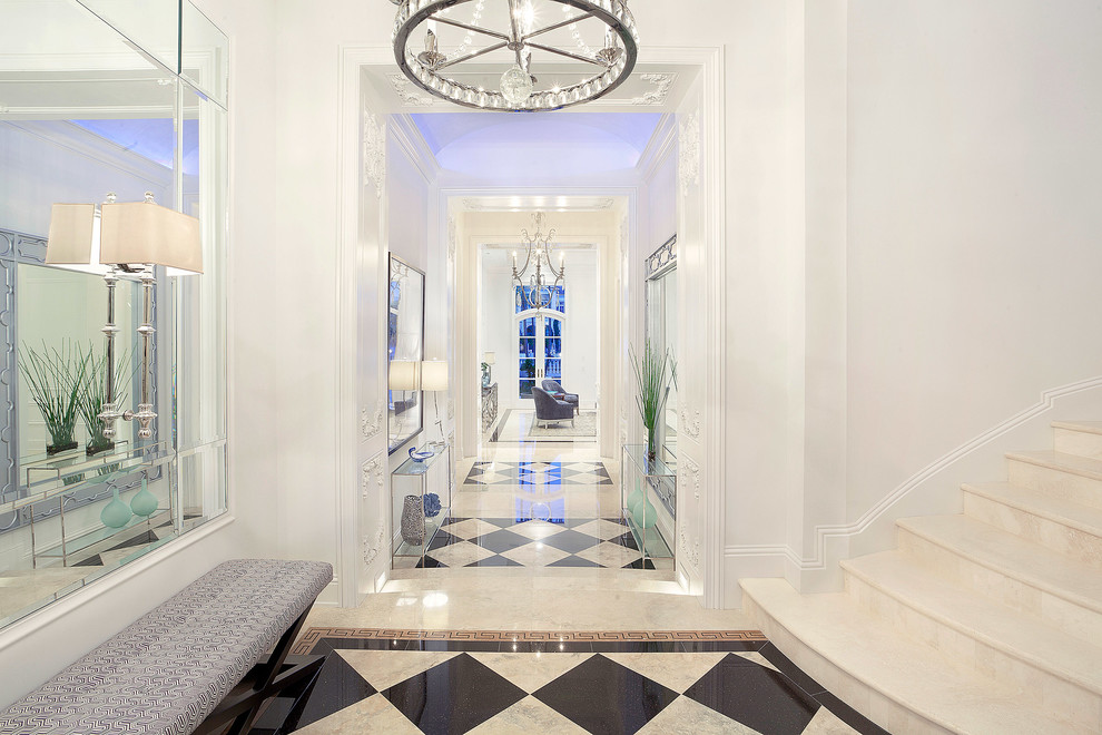 Design ideas for a transitional hallway in Miami with white walls.