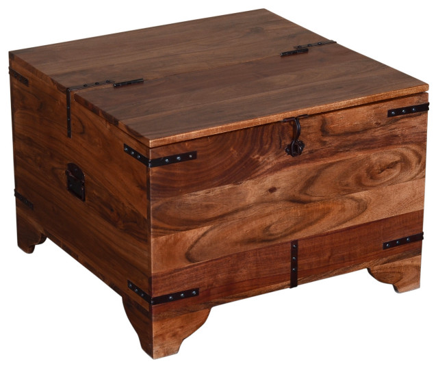 Trunk Shape Mango Wood Storage Side/ End Table With Hinged Top, Brown