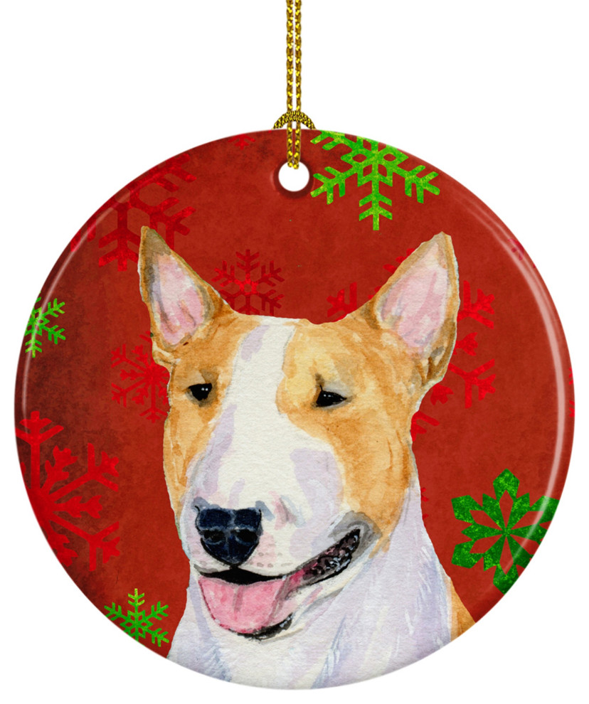 Ss4703-Co1 Bull Terrier Red Snowflakes Holiday Christmas Ceramic Ornament