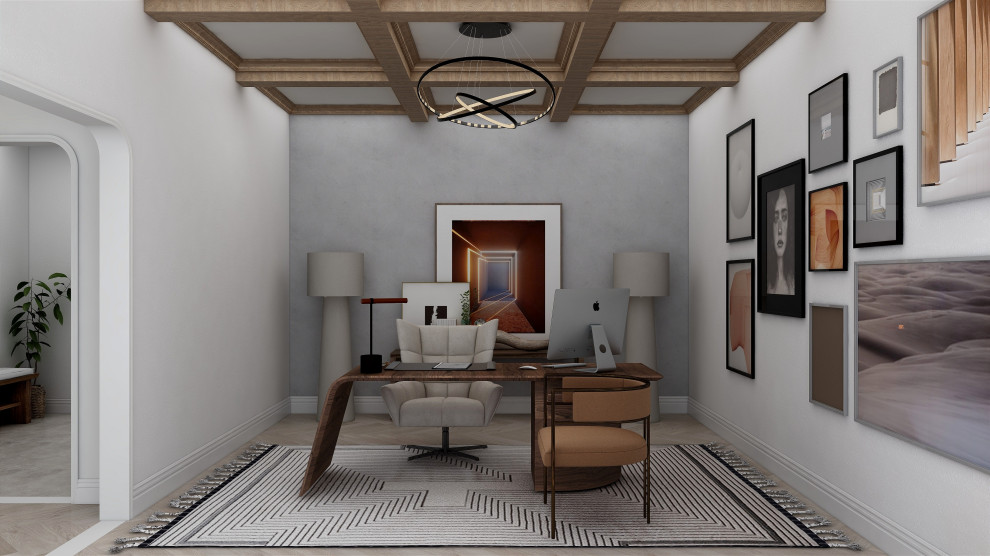 Mittelgroßes Shabby-Chic Arbeitszimmer ohne Kamin mit Arbeitsplatz, weißer Wandfarbe, hellem Holzboden, freistehendem Schreibtisch, beigem Boden und freigelegten Dachbalken in New York