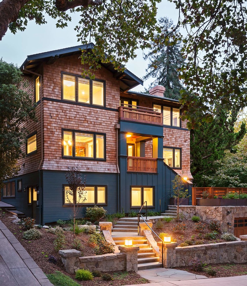 Large craftsman brown three-story wood gable roof idea in San Francisco