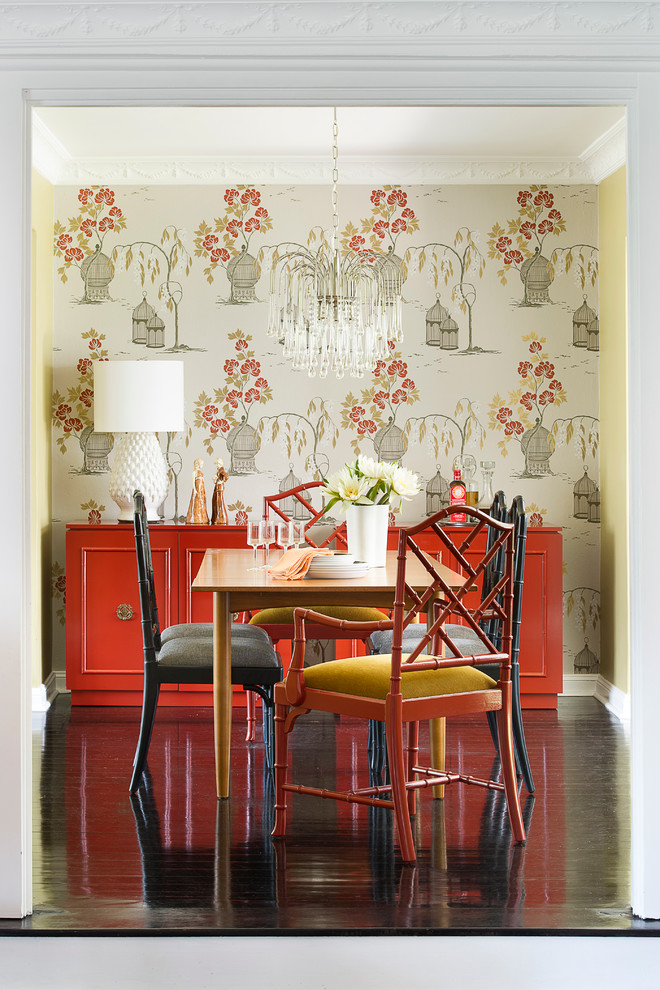 Design ideas for a transitional separate dining room in Sydney with multi-coloured walls and dark hardwood floors.
