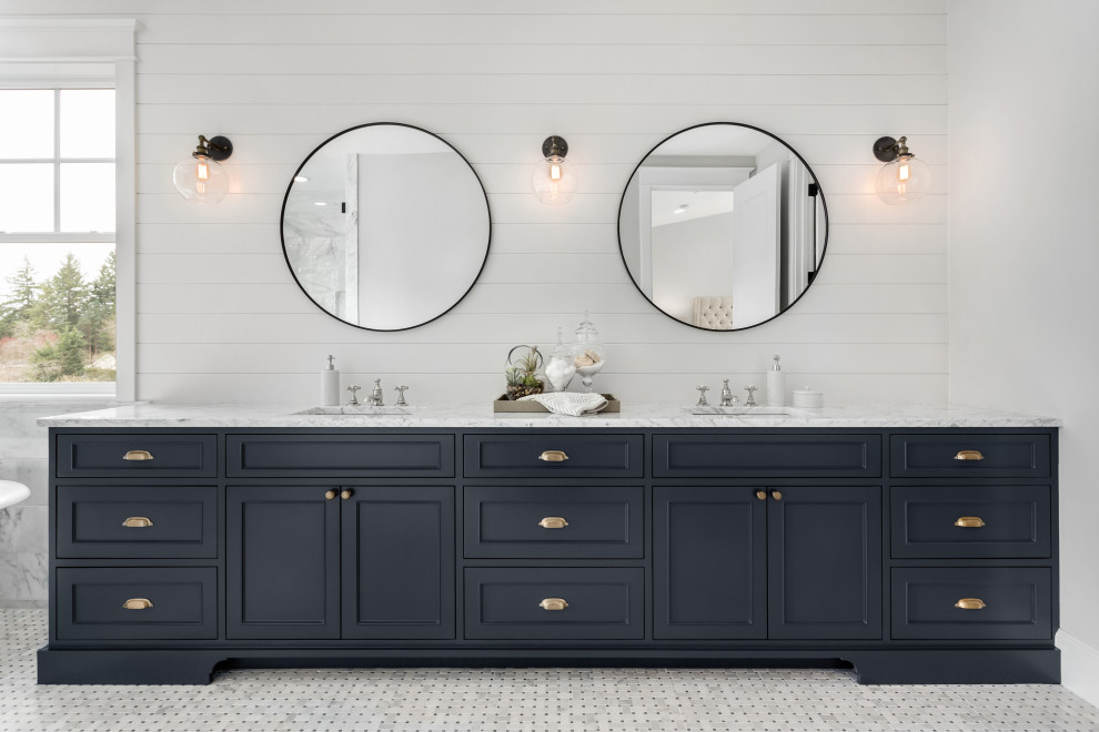 Bathroom - transitional master multicolored floor, double-sink and shiplap wall bathroom idea in San Francisco with recessed-panel cabinets, black cabinets, marble countertops, a hinged shower door, multicolored countertops and a built-in vanity