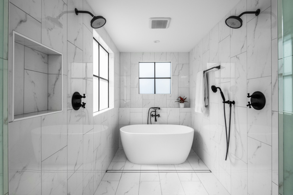 Photo of a mid-sized country master bathroom in San Diego with shaker cabinets, white cabinets, a freestanding tub, a shower/bathtub combo, white tile, marble, white walls, marble floors, an integrated sink, marble benchtops, white floor, a hinged shower door, white benchtops, an enclosed toilet, a double vanity and a built-in vanity.