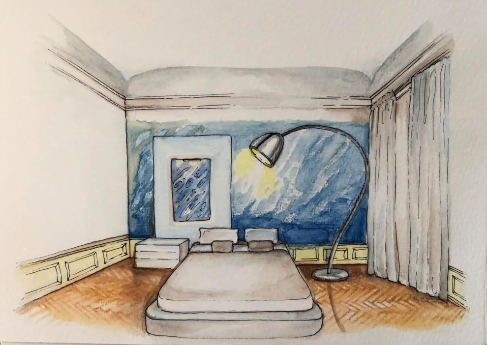 Diseño de dormitorio principal contemporáneo pequeño con paredes azules, suelo de madera clara, suelo marrón, casetón y panelado