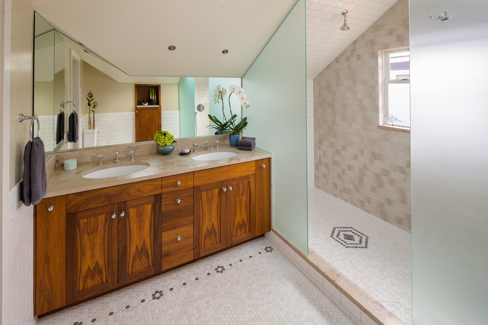 Photo of a mid-sized arts and crafts master bathroom in Orange County with flat-panel cabinets, dark wood cabinets, a double shower, a two-piece toilet, white tile, subway tile, beige walls, mosaic tile floors, white floor and an open shower.