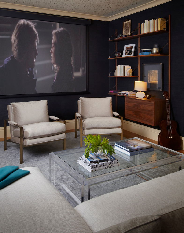 This is an example of a traditional home theatre in San Francisco with black walls and a projector screen.