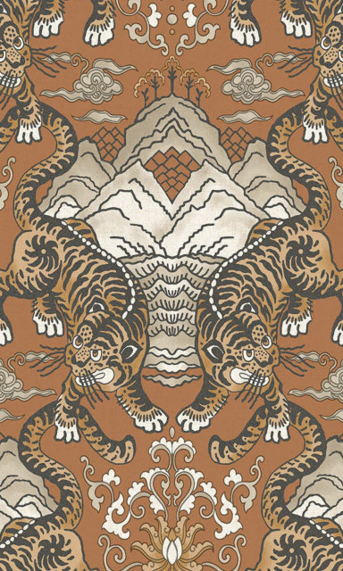 Tiger Chinese Inspired Textured Wallpaper, Burnt Orange, Double Roll
