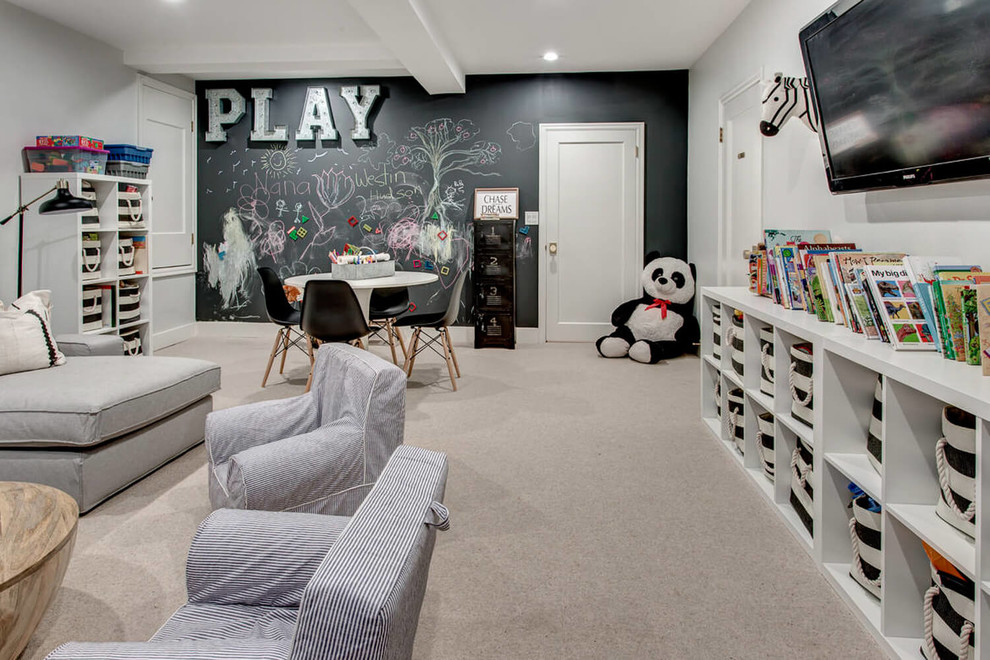 Transitional gender-neutral carpeted and gray floor playroom photo in Seattle with black walls