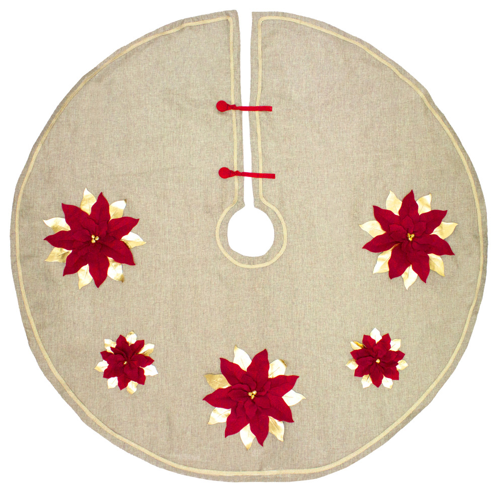 Holiday 3D Poinsettia Christmas Decorative Tree Skirt 53" Round, Gold+red