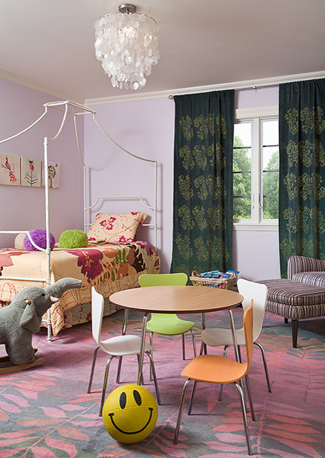 Design ideas for a mid-sized eclectic kids' bedroom for kids 4-10 years old and girls in New York with purple walls, carpet and purple floor.