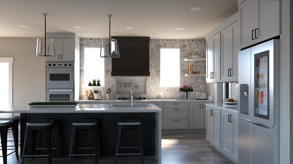 Inspiration for a large transitional l-shaped vinyl floor and brown floor open concept kitchen remodel with an undermount sink, shaker cabinets, white cabinets, quartzite countertops, gray backsplash, mosaic tile backsplash, stainless steel appliances, an island and white countertops