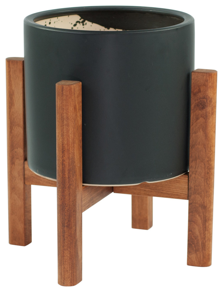 Large Ceramic Planter Cylinder Pot 10'' Black With Plant Stand Walnut