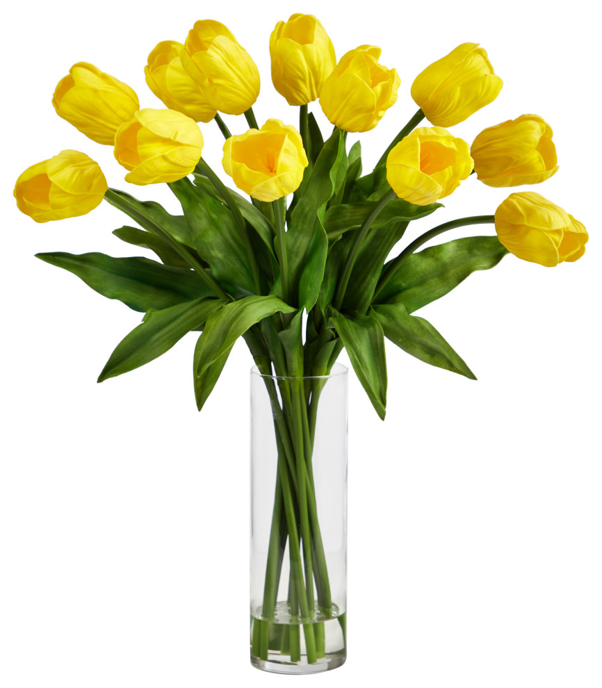23in. Artificial Tulip Arrangement with Cylinder Glass Vase