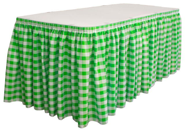 LA Linen Gingham Checkered Table Skirt, White and Lime, 168"x29"