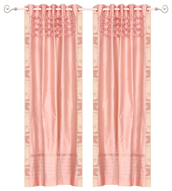 Peach Pink Hand Crafted Grommet Top Sheer Sari Curtain Panel