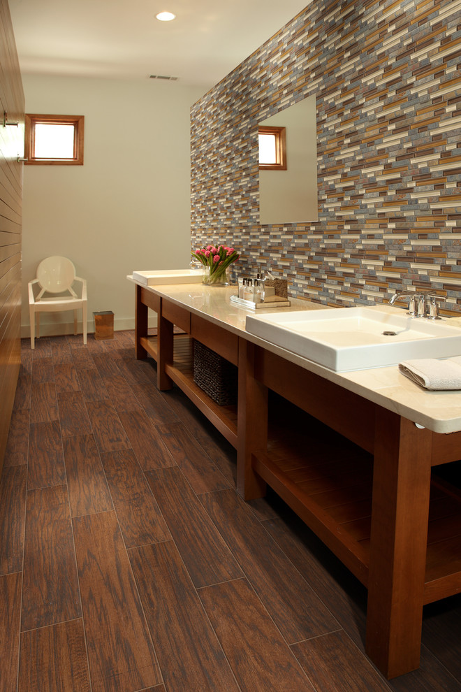 Freestanding bathtub - mid-sized transitional white tile and stone tile freestanding bathtub idea in Austin