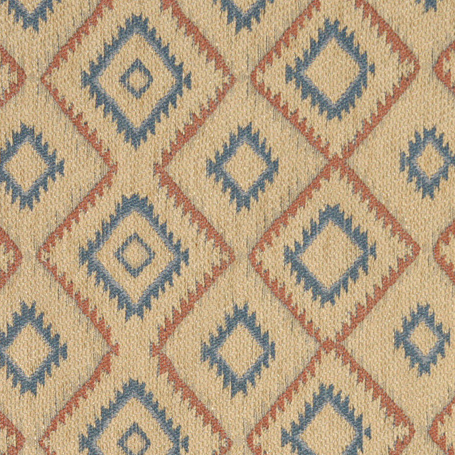 Beige, Salmon and Blue, Diamond Southwest Style Upholstery Fabric By The Yard