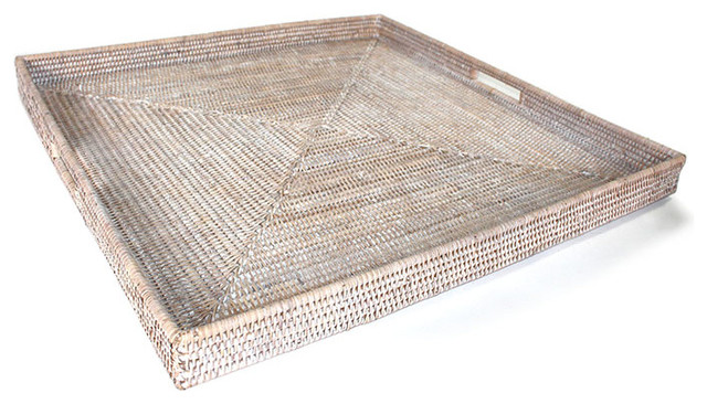 White Rattan Tray With Handle Square 25 Beach Style Serving White Rattan Tray With Handle Square 25