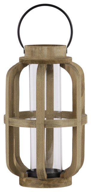 Wood Cylinder Lantern With Metal Handle and Hurricane Candleholder, Large