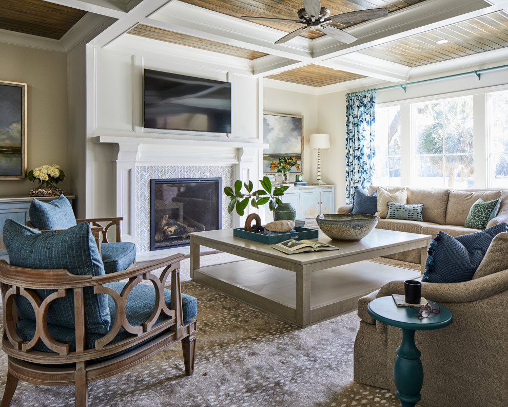 Inspiration for a large traditional open concept family room in Other with white walls, dark hardwood floors, a tile fireplace surround, a wall-mounted tv, brown floor and coffered.