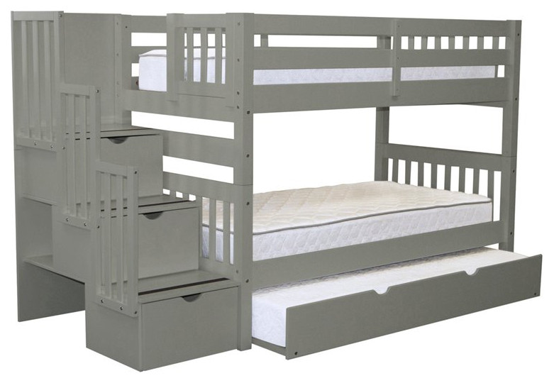 Bedz King Pine Wood Twin over Twin Stairway Bunk Bed with Twin Trundle in Gray