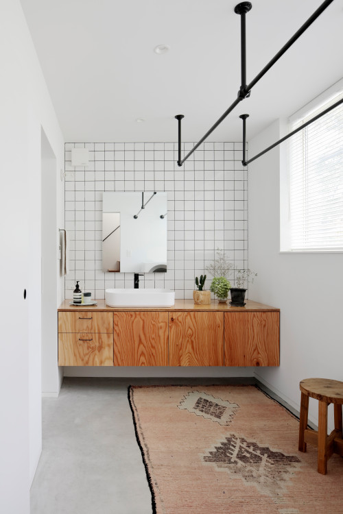 Wood Vanity with Square Tile Backsplash and Wood Countertop Wood Vanity with Square Tile Backsplash and Wood Countertop