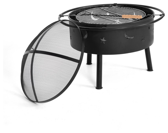 WestinTrends Star & Moon Round Steel Wood Burning Bonfire Fire Pit, Patio Grill Transitional