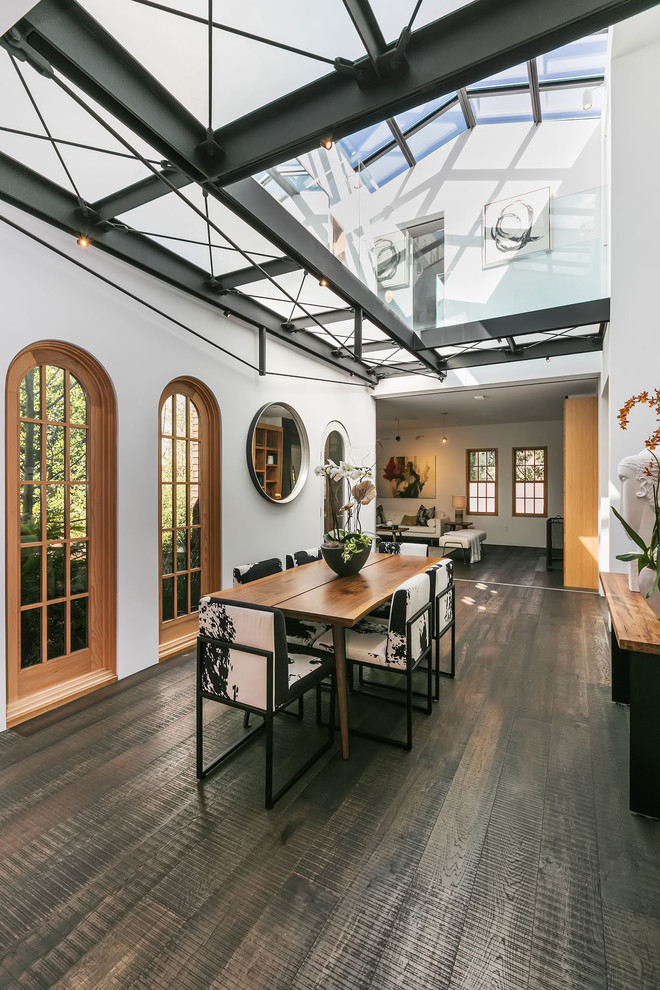 Inspiration for an eclectic open plan dining in San Francisco with white walls, dark hardwood floors, no fireplace and brown floor.