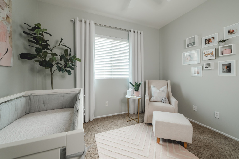 Design ideas for a small contemporary nursery for girls in Orange County.