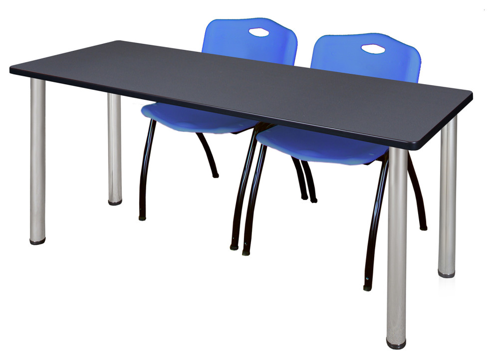66" x 24" Kee Training Table- Grey/ Chrome & 2 'M' Stack Chairs- Blue