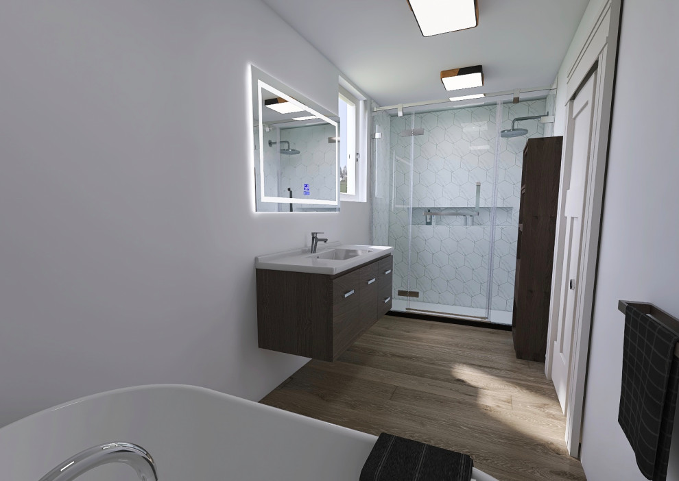 Inredning av ett modernt mellanstort vit vitt badrum, med släta luckor, bruna skåp, ett fristående badkar, en dubbeldusch, vit kakel, keramikplattor, vita väggar, ljust trägolv, ett konsol handfat, bänkskiva i kvartsit, beiget golv och dusch med skjutdörr