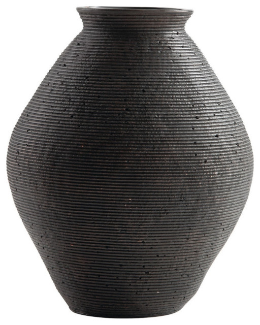 Dale 12" Round Polyresin Vase, Wavy Ribbed Spiral Texture Antique Brown