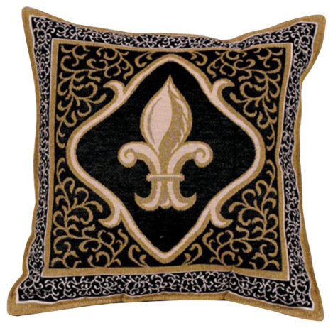 Fleur De Lis Black Decorative Tapestry Throw Pillow 17x17