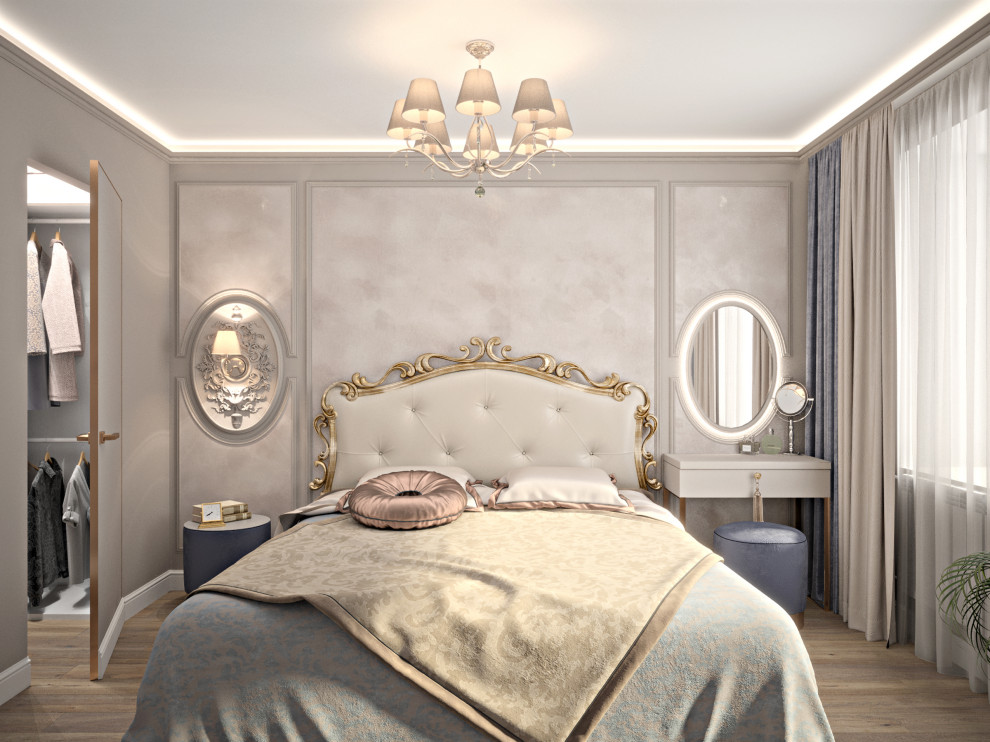 3к Шикарная квартира в современном классическом стиле. Спальня с гардеробной.