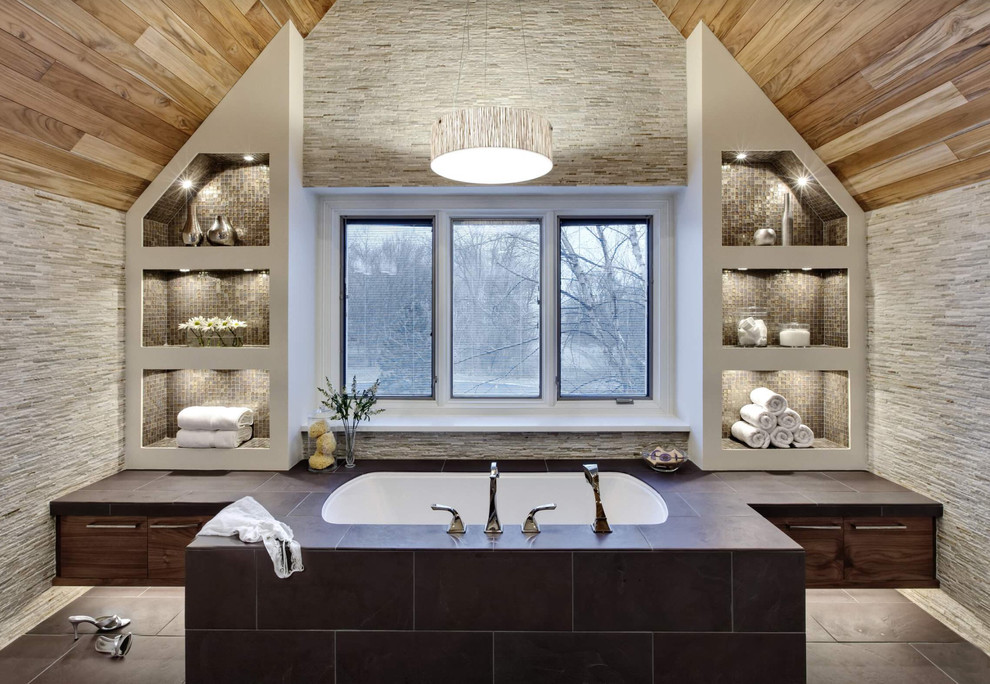 Bathroom - transitional master gray tile bathroom idea with open cabinets and an undermount tub