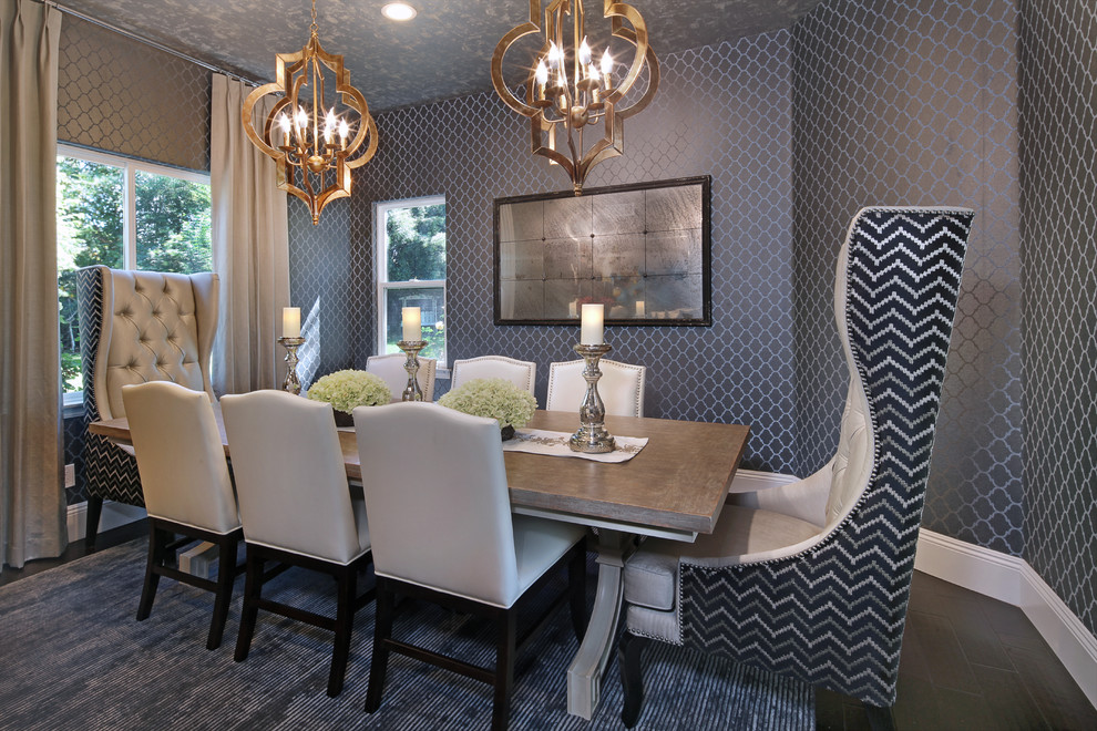 Inspiration for a mid-sized transitional separate dining room in Orange County with dark hardwood floors, no fireplace, black walls and brown floor.