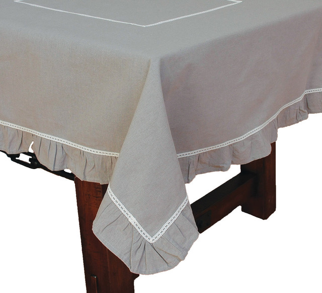 Ruffle Trim Taupe with White Lace Tablecloth, 70"x70"